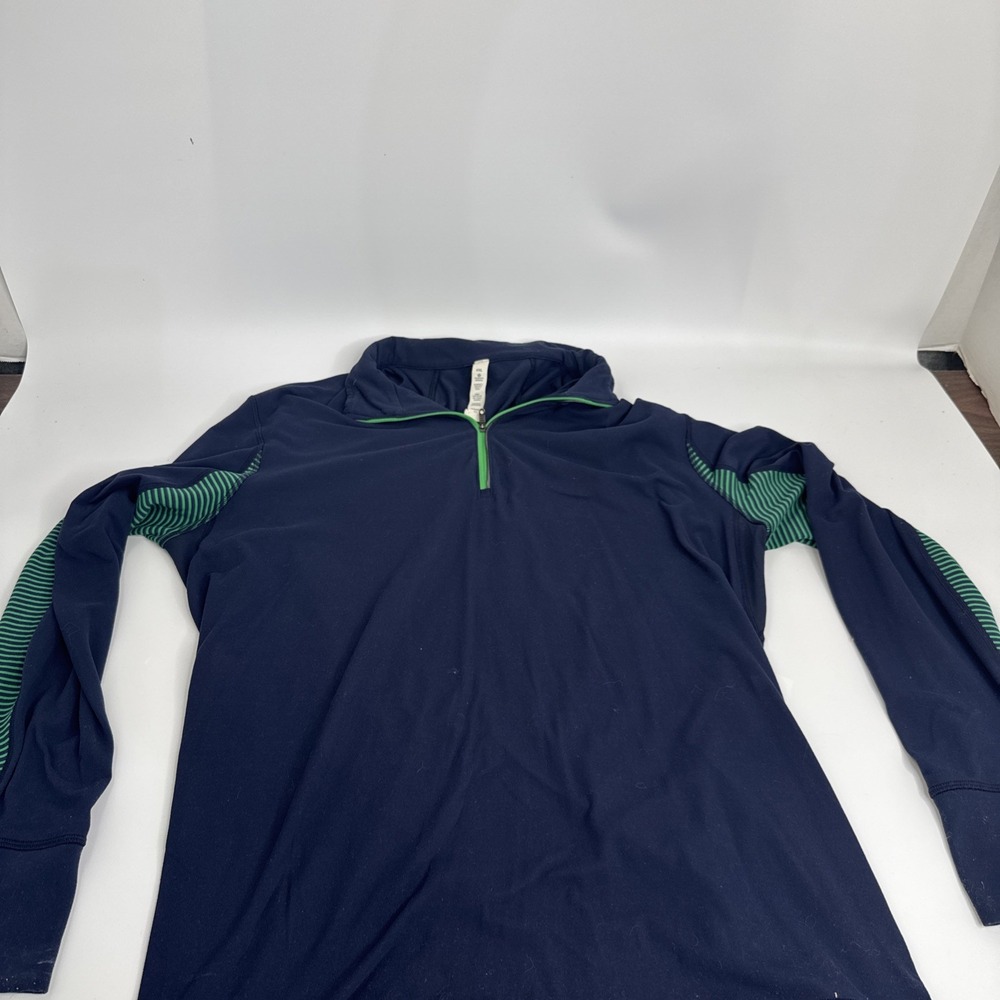 lululemon Surge Warm Navy Blue Green Stripe 1/2 Zip Shirt XXL